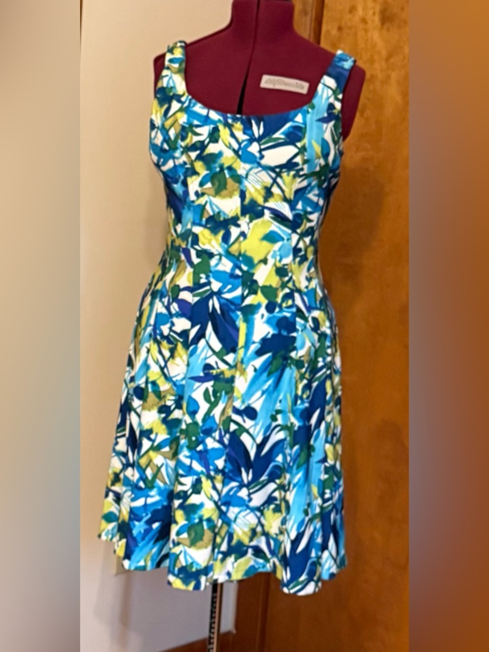 Sleeveless Blue & Green Floral Fit-and-Flare Dress